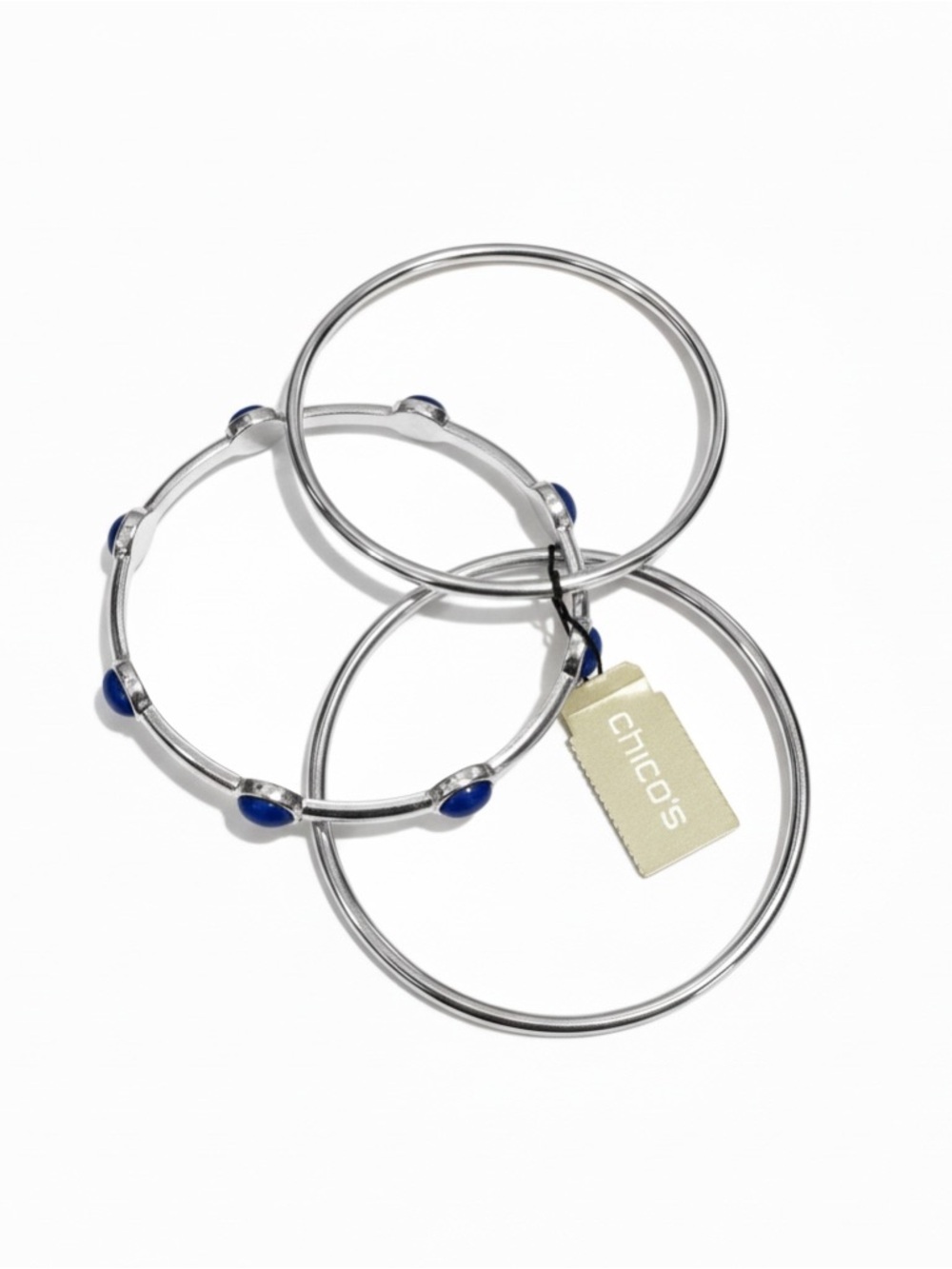 NWT Chico's Women’s Silver Tone Bangle Trio with Blue‎ Cabochons Gift Elegant